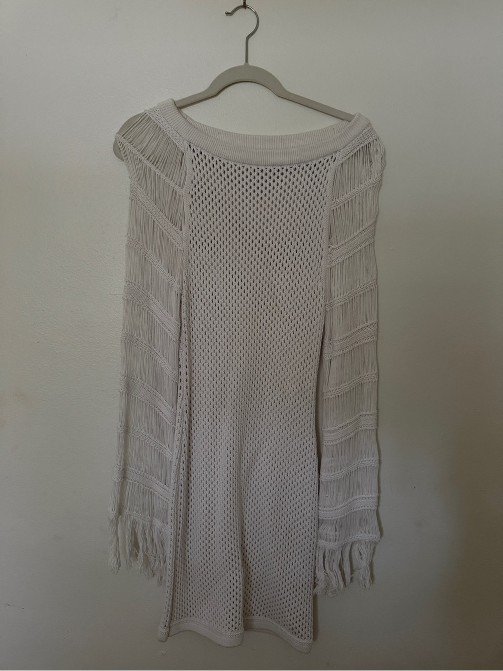 Camila Coelho Cream Open-Knit Off-Shoulder Fringe Sweater